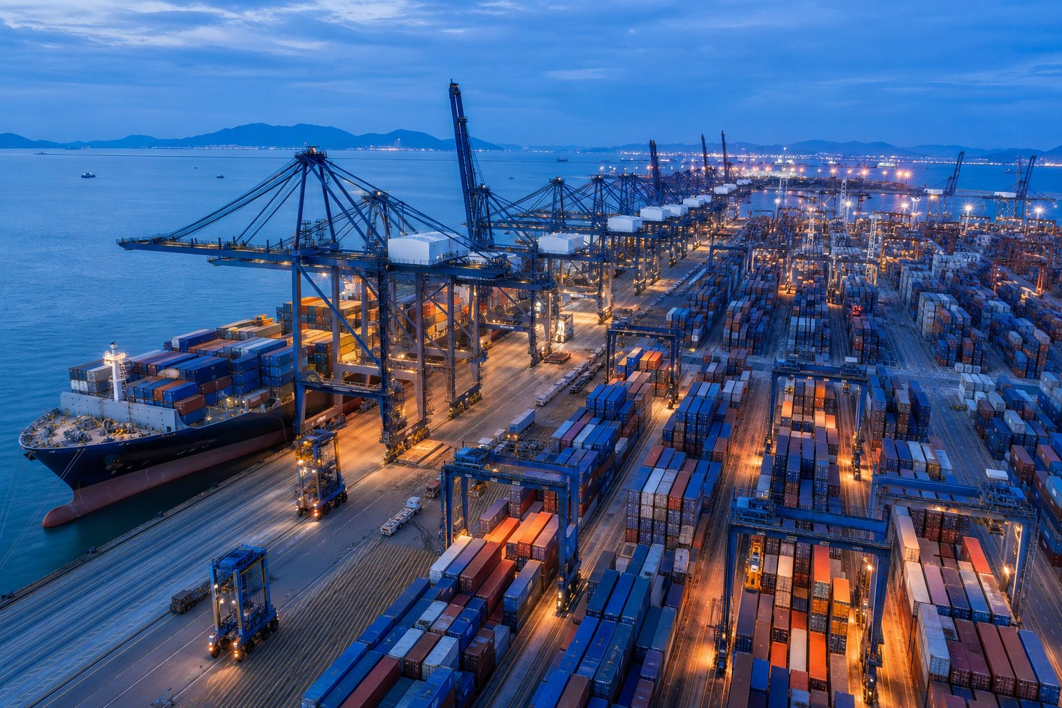 Container terminal at dusk with gantry cranes loading a cargo vessel