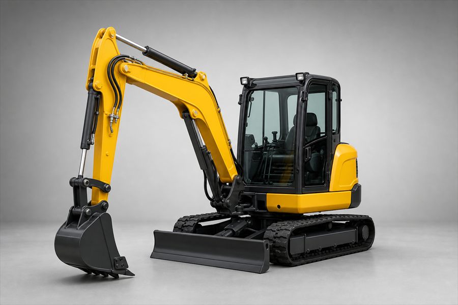 Yellow compact hydraulic excavator photographed in a studio